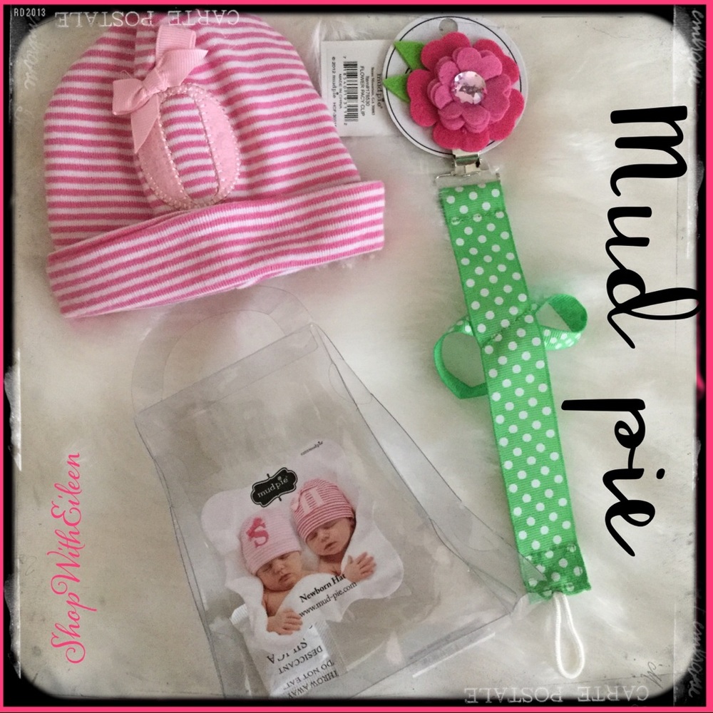 Mud Pie NEWBORN CAP & BINKIE Pacifier HOLDER Set